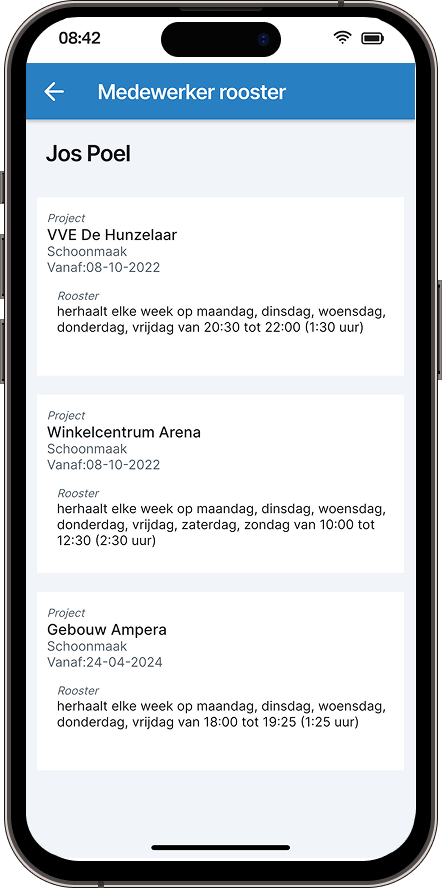 Rooster van een medewerker in de Schoonsoft-app