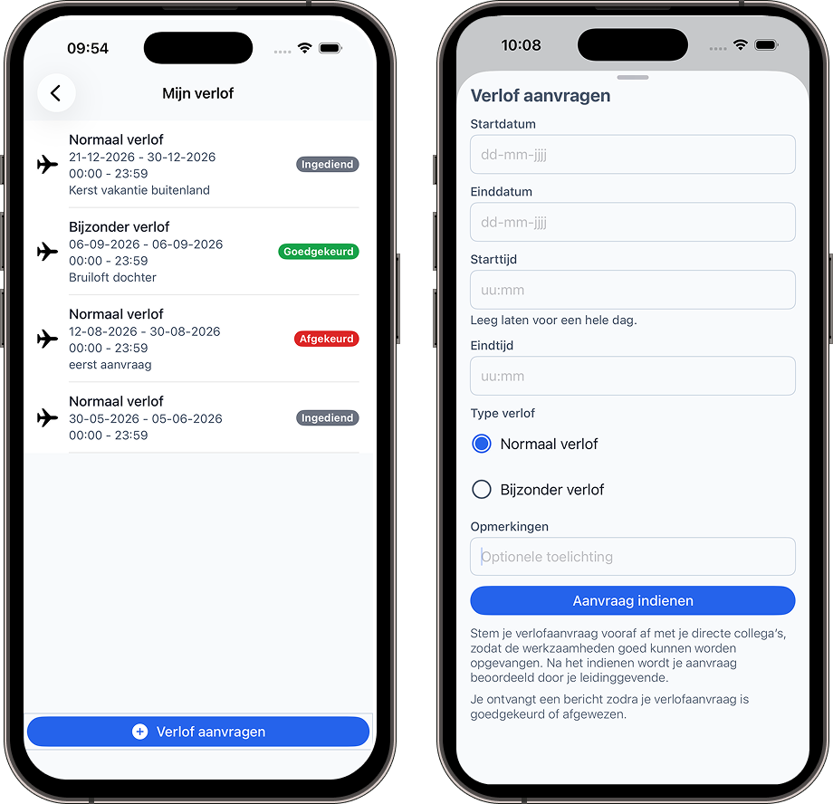 Medewerker vraagt verlof aan in de Schoonsoft-app